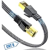 Cat 8 Ethernet Cable 6.6ft,Nylon Braided High Speed Heavy Duty 40Gbps 2000Mhz Flat Network LAN Patch Cord SFTP RJ45 Internet 