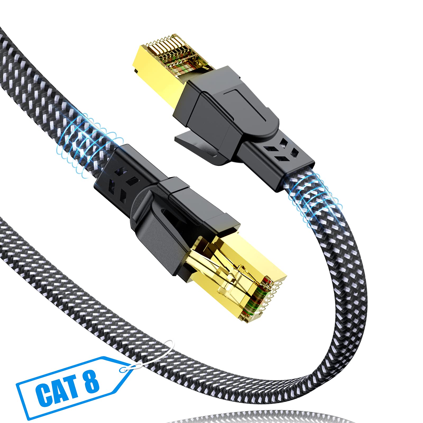 SWECENT CAT 8 Outdoor Ethernet Cable 15M, Waterproof Flat Gigabit RJ45 PS5 Gaming High-Speed Patch Network, Braided Cord for LAN Compatible with PC, PS5/4, Game Console, Modem, Router, Smart TV