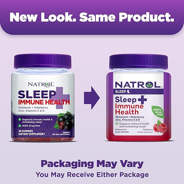 NATROL SLEEP+ IMMUNE HEALTH GUMMY, SLEEP AID & IMMUNITY SUPPORT, ELDERBERRY, VITAMINS C, D AND ZINC, DRUG FREE, 50 BERRY FLAVORED GUMMIES (PACKAGING MAY VARY)