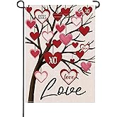 Artofy Valentines Day Love Tree Small Decorative Garden Flag, Red Pink Heart Kisses Yard Lawn Outside Decor, Anniversary Wedding Burlap Outdoor Home Decoration Double Sided 12 x 18