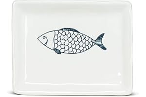 Abbott Collection 27-CORFU-550 Small Rectangle Fish Plate, 1 EA, White/Blue
