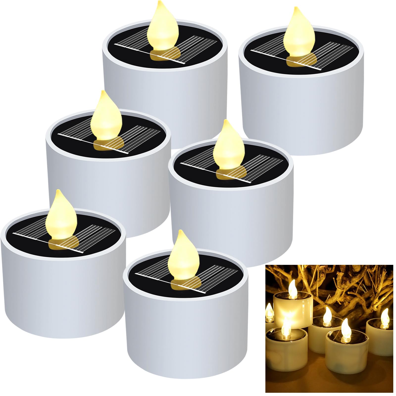 Litinliv Solar Candles Outdoor Waterproof, 6 PCS Reusable LED Tea Light Candles, Flameless Amber Flickering LED Candle Lights for Lantern Garden Camping and Home Decor
