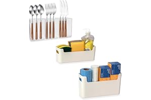 3 Pcs Adhesive Wall Caddy for Kitchen Cabinet Door Organizer, 2 Sizes Beige Wall Remote Holder with 6 Stickers, 3 Compartment