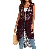 GLEAMISS Women's Crochet Long Vest Sleeveless Lace Cardigan Hollow Out Kimino Cover Up