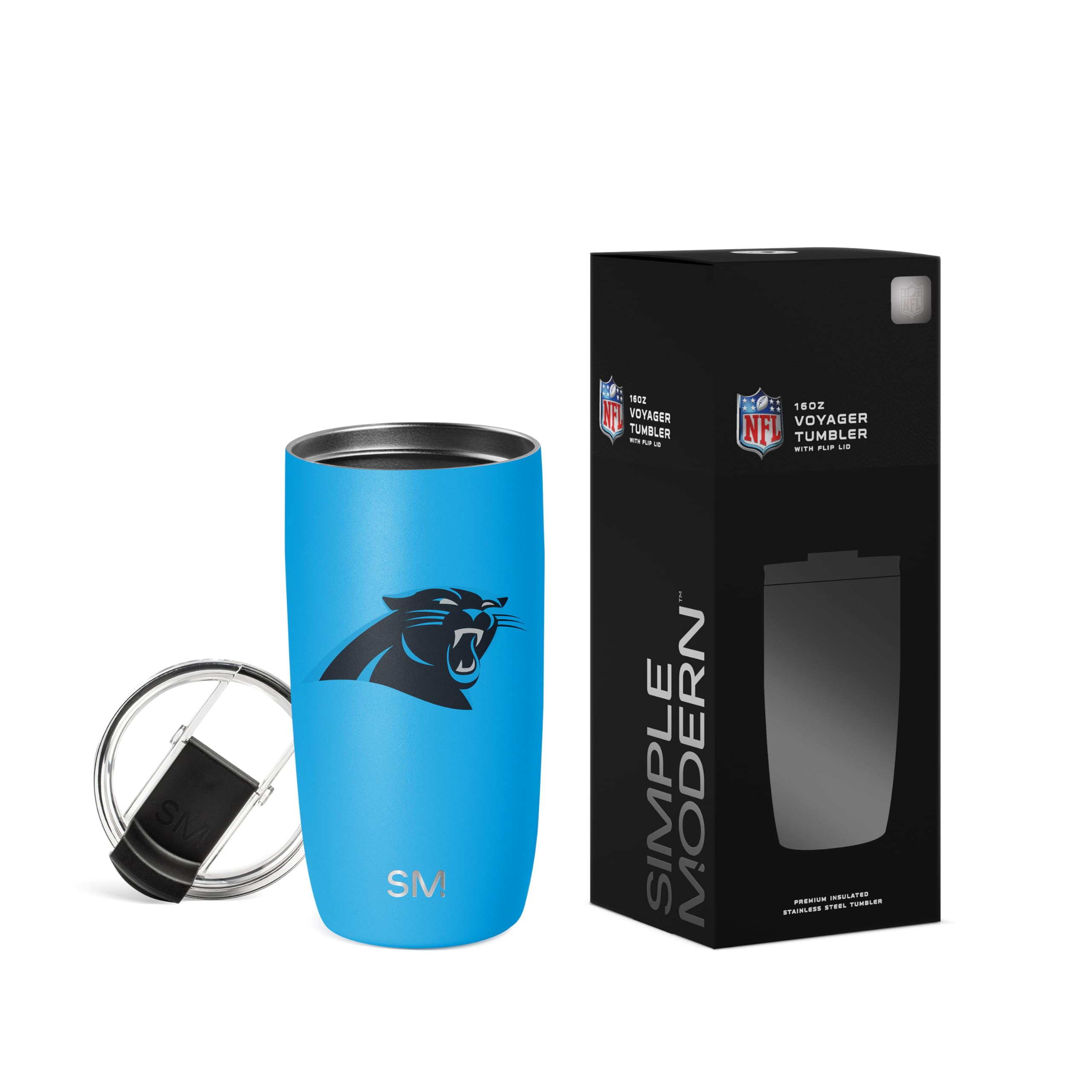 Simple Modern Officially Licensed NFL Carolina Panthers 16oz Travel Coffee Tumbler with Flip Lid | Stainless Steel Cup | Football Gifts for Men, Women | Voyager Collection | Carolina Panthers Image