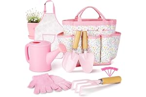 YAUNGEL Kids Gardening Set, Garden Tools Kit for Kids and Toddler, Includes Rake, Two Shovels, Gloves, Watering Can, Apron, and Tote Bag, Outdoor Toys for Girl Boy, Pink