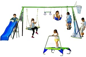 FITNESS REALITY KIDS Sports Outdoor 8 Station Playground Set, Includes Swing Set, Slide, Monkey Bars, Basketball Hoop, Trampoline, Soccer and Basketball + Pump, Green