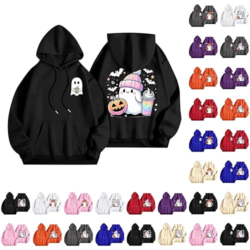 Halloween Sweater Pumpkin Sweatshirts for Women UK Oversized Crew Neck Solid Color Pullover Cute Ghost Print Casual Long Sleeve Halloween Sweatshirt Cute Hoodies for Women Ladies Plus Size Tops