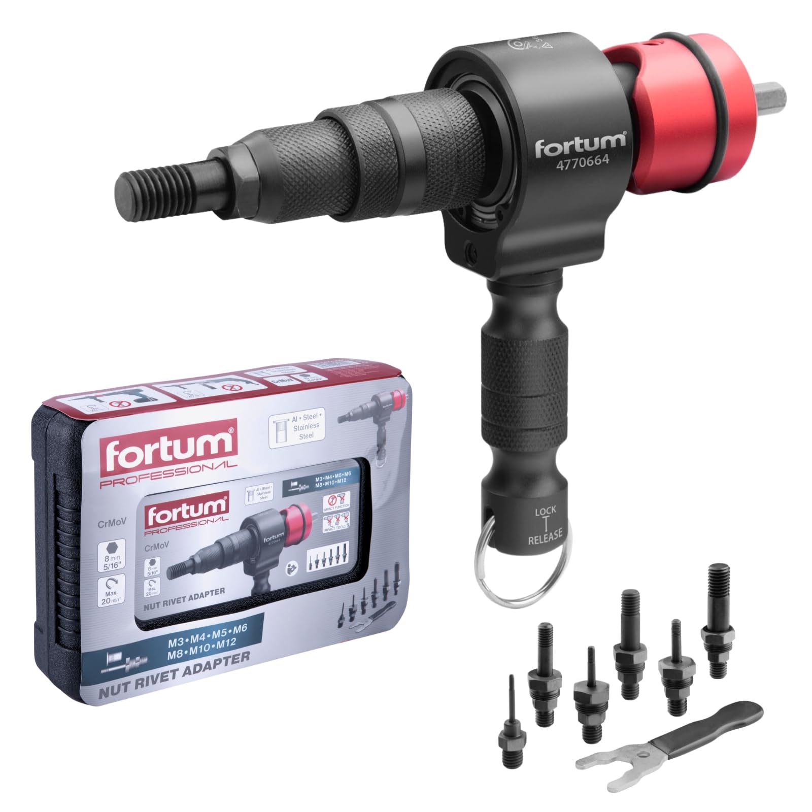 Fortum Rivet nut Attachment for Cordless Screwdriver & Drill I Riveter for Rivet Nuts Made of Aluminium, Steel & Stainless Steel I Blind Rivet Attachment for M3-M12 Nuts I Rivet Gun Adapter
