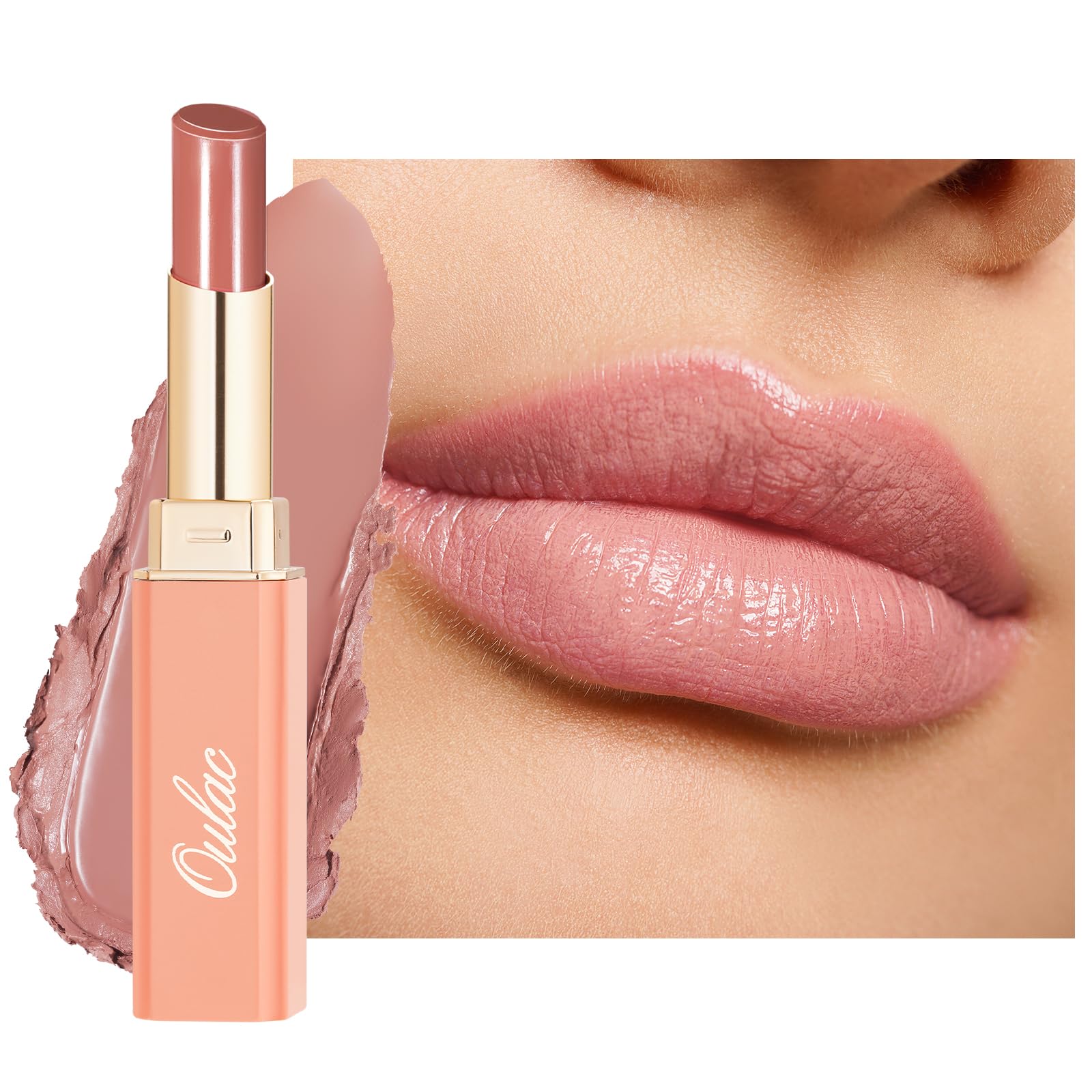 Oulac Nude Pink Lipstick - Moisture Shine Hydrating Lipstick & Tinted Lip Balm for Dry Lips, Medium Coverage Lip Colour | Juicy Look, Glossy Finish, Vegan, Cruelty-Free, Tenderness (14) — image 1