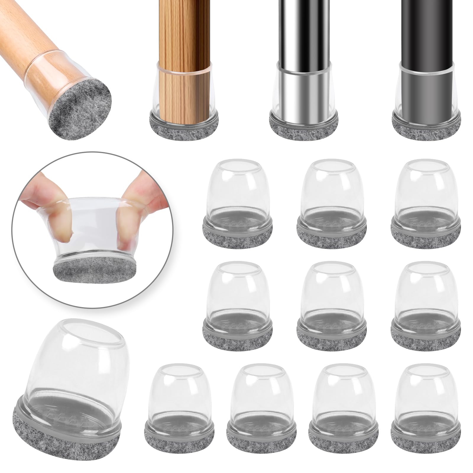Ezprotekt Chair Leg Covers Φ 0.75", 16PCS Small Grey Silicone Chair Leg Floor Protectors with Wrapped Felt, 13-20 mm Rubber Chair Leg Caps, Furniture Feet Protectors Pads, No Noise No Scratches