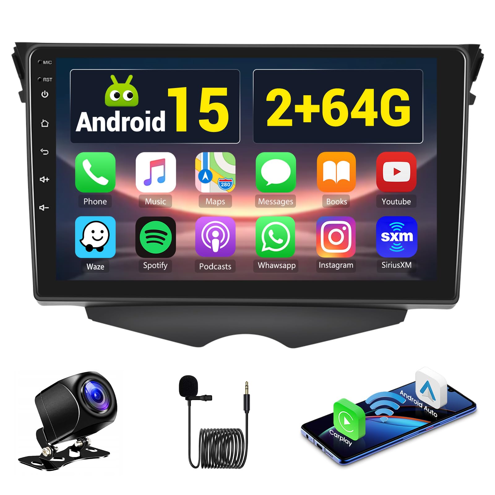 Photo 1 of 2+64G Android 15 Car Stereo for Hyundai Veloster 2011-2017 with Wireless CarPlay Android Auto, 9 Inch Touchscreen Car Radio for Veloster with WiFi GPS Navi Bluetooth FM/RDS EQ +AHD Backup Camera