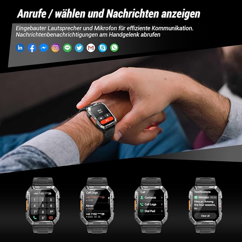 Smartwatch Herren Militär,100 Tage Akku, LED Taschenlampe, Bluetooth-Anrufe, Fitness-Tracker,100+ Sportmodi, Herzfrequenz-&SPO₂-Monitor, IP68 Wasserdicht, Schlafüberwachung, Android iOS