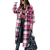 Peaceglad Women's Lounge Lapel Button Up Long Sleeve Plaid Long Shirt Jacket Shacket