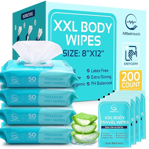 WIPES FOR ADULTS BATHING NO RINSE – ADULT WIPES FOR ELDERLY 8″ X 12″ (200 COUNT) SHOWER WIPES FOR ADULTS NO RINSE, INCONTINENCE DISPOSABLE WASHCLOTHS, ALOE VERA, VITAMIN E +4 INDIVDUAL WIPES
