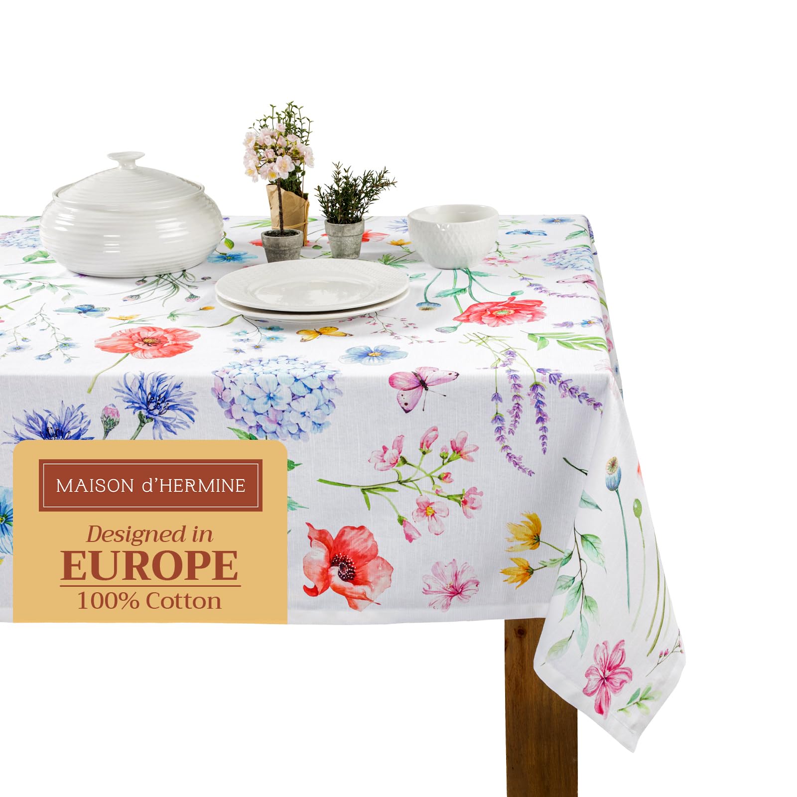 Maison d' Hermine Table Cloth Rectangle Table 100% Cotton 180 cm x 140 cm Tablecloth Reusable Everyday Use for Dining Farmhouse Home Party Festive Gifts for Mothers Day (Just Floral)
