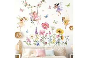 decalmile Flower Fairy Wall Decals Butterfly Girl with Wildflower Sunflower Wall Stickers Girls Bedroom Baby Nursery Kids Room Wall Decor