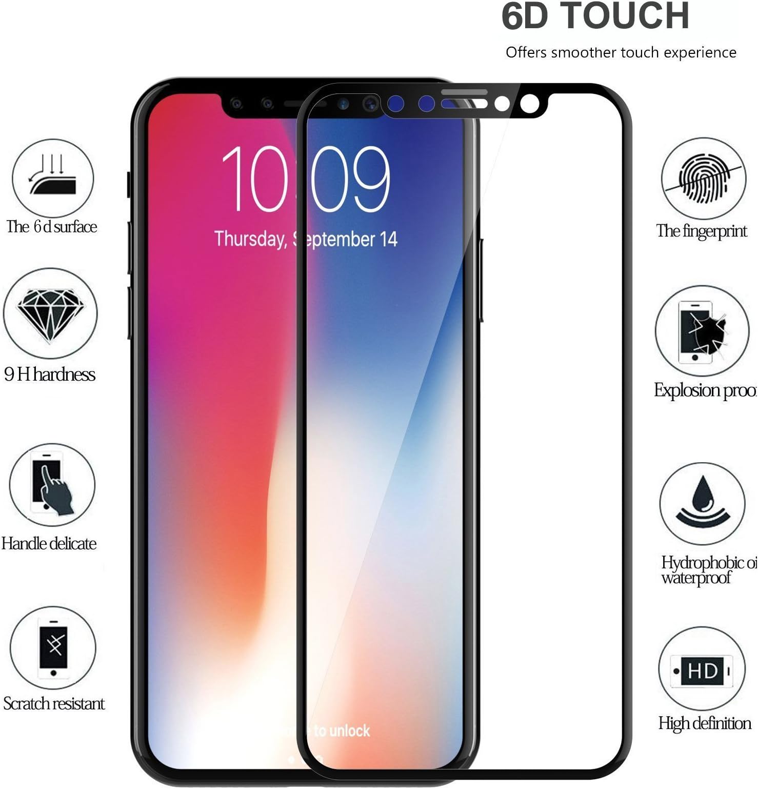 HyRich Super 6D iPhone X/iPhone 10 [Tempered Glass] Screen Protector, Super Fingerprint-Proof Edge to Edge 9H Hardness Anti-scratch Shield Full Screen Glass (iPhone X-Black)