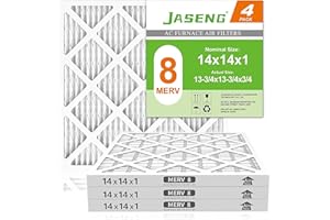 JASENG 14x14x1 Air Filters, MERV 8 Pleated HVAC Furnace Filters (4-Pack) - Dust Defense, MPR 600 - exact dimensions: 13.75"x13.75"x0.75" - Replacement for AC, Heater, and Ventilation Systems