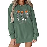 Ritatte Women Dancing Skeleton Halloween Sweatshirt Pumpkin Skull Graphic Pullover Top Spooky Season Crewneck Fall Shirt