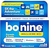 Bonine Meclizine HCl Motion Sickness Relief, Non-Drowsy, 16 Ct | Meclizine HCL 25 mg, Medicine for Nausea or Motion Sickness, Cruise Essentials, Raspberry Chewable Tablets