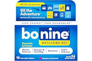 Bonine Non-Drowsy for Motion Sickness Relief, Sea Sickness, Car Sickness, Nausea, & Vomiting - Meclizine HCI 25mg, Travel-Sized - 16ct Raspberry Chewable Tablets (Packaging May Vary)