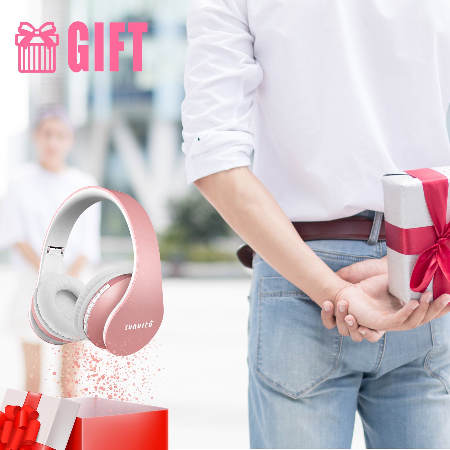 Cuffie Bluetooth 4 in 1 Pieghevole Wireless Auricolari con Mic, Lettore MP3, Radio FM, Auricolare Collegato, Regalo Cuffie Over Ear Stereo per Phone Portatili PC (oro rosa)