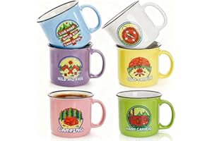 Covzoe Set of 6 Camping Mugs, 15 Oz Ceramic Campfire Coffee Mug in Assorted Colors, Portable Happy Campers Drinking Mug for T