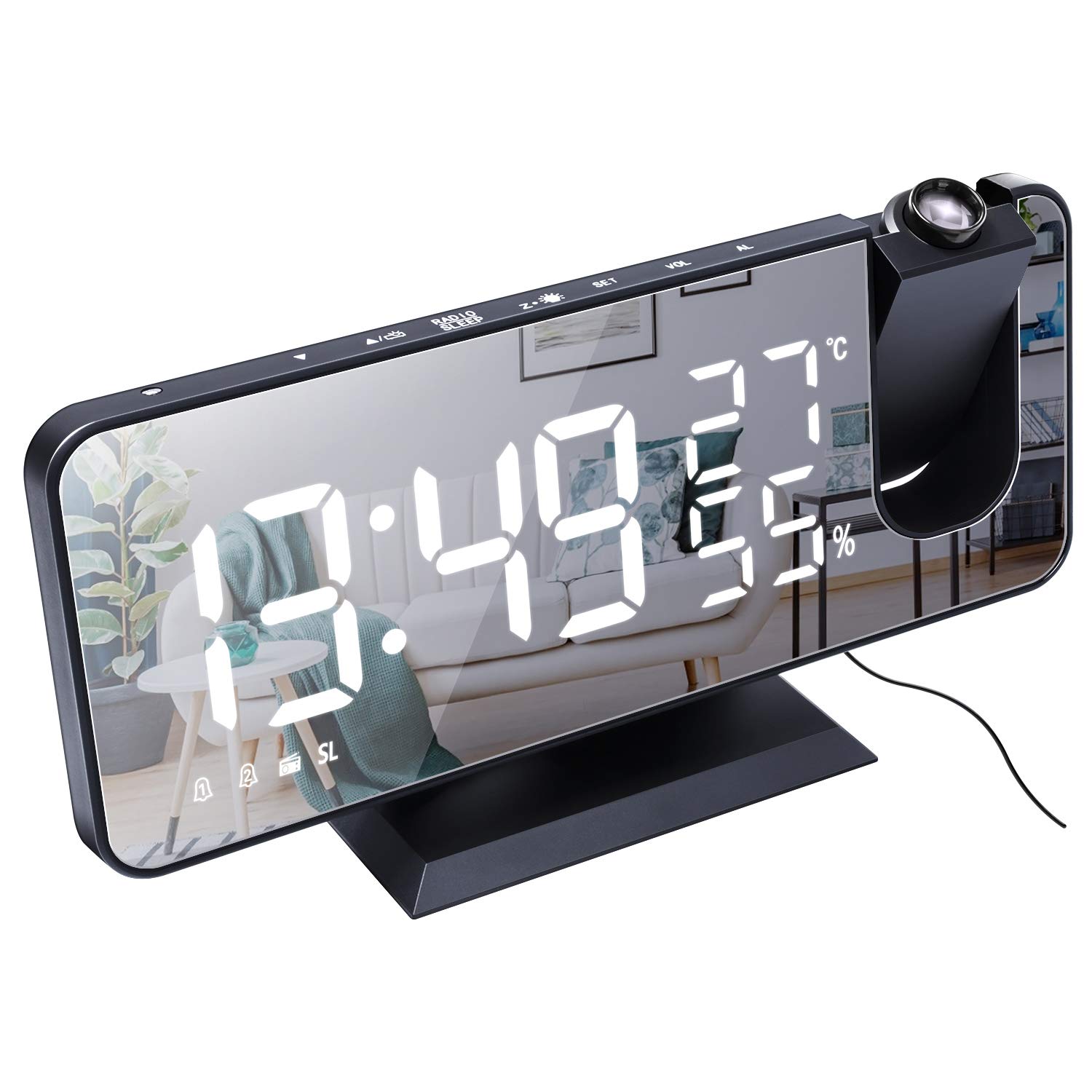 ThreeH Projection Alarm Clock for Bedroom Large 7.4'' LED Mirror Display & 4 Dimmer Radio Alarm Clock with USB Charging 180° Rotable 2 Sounds Black-White — image 1