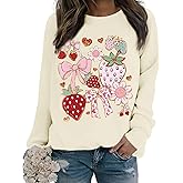 KEEVICI Cute Bow Strawberry Floral Sweatshirt Women Flower Kawaii Aesthetic Hoodie Graphic Sweatshirts Cotton Pullover