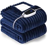 SEALY Heated Blanket Electric Throw, 50"x60" Heating Blanket Throw, 6 Heat Levels & 2-10 Hours Auto-Off Over-Heat Protection, Ribbed Flannel to Sherpa, Machine Washable, Navy Blue