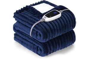 SEALY Heated Blanket Electric Throw, 50"x60" Heating Blanket Throw, 6 Heat Levels & 2-10 Hours Auto-Off Over-heat Protection, Ribbed Flannel to Sherpa, Machine Washable, Navy Blue