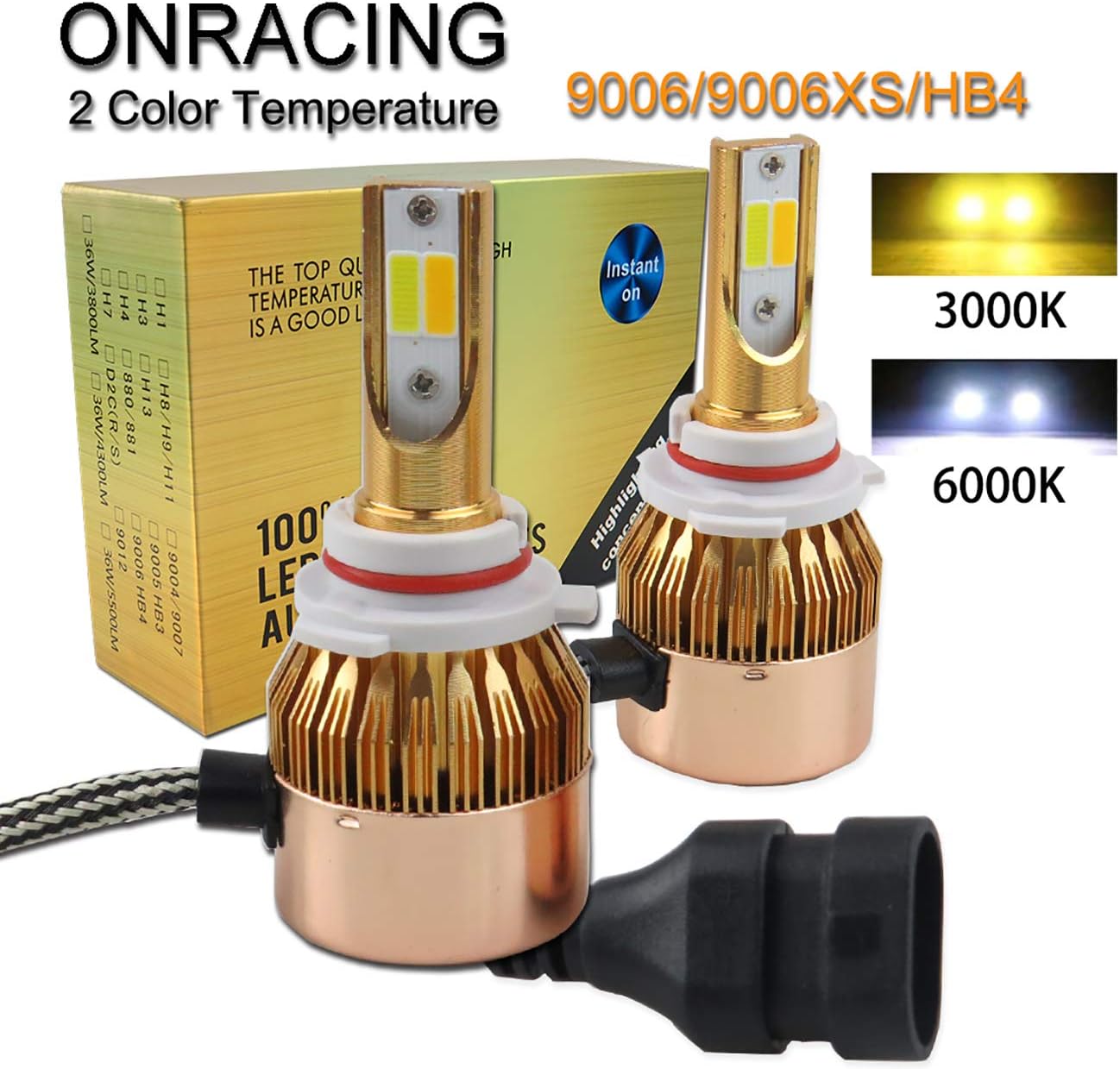 Dual Color Beam LED Headlights Bulbs Conversion Kit 9006 9006XS HB4 Super White 6000K Gold Yellow Amber 3000K 30W 4000LM HI/LO Beam Fog light Extreme Bright Plug & Play(9006/9006XS/HB4)