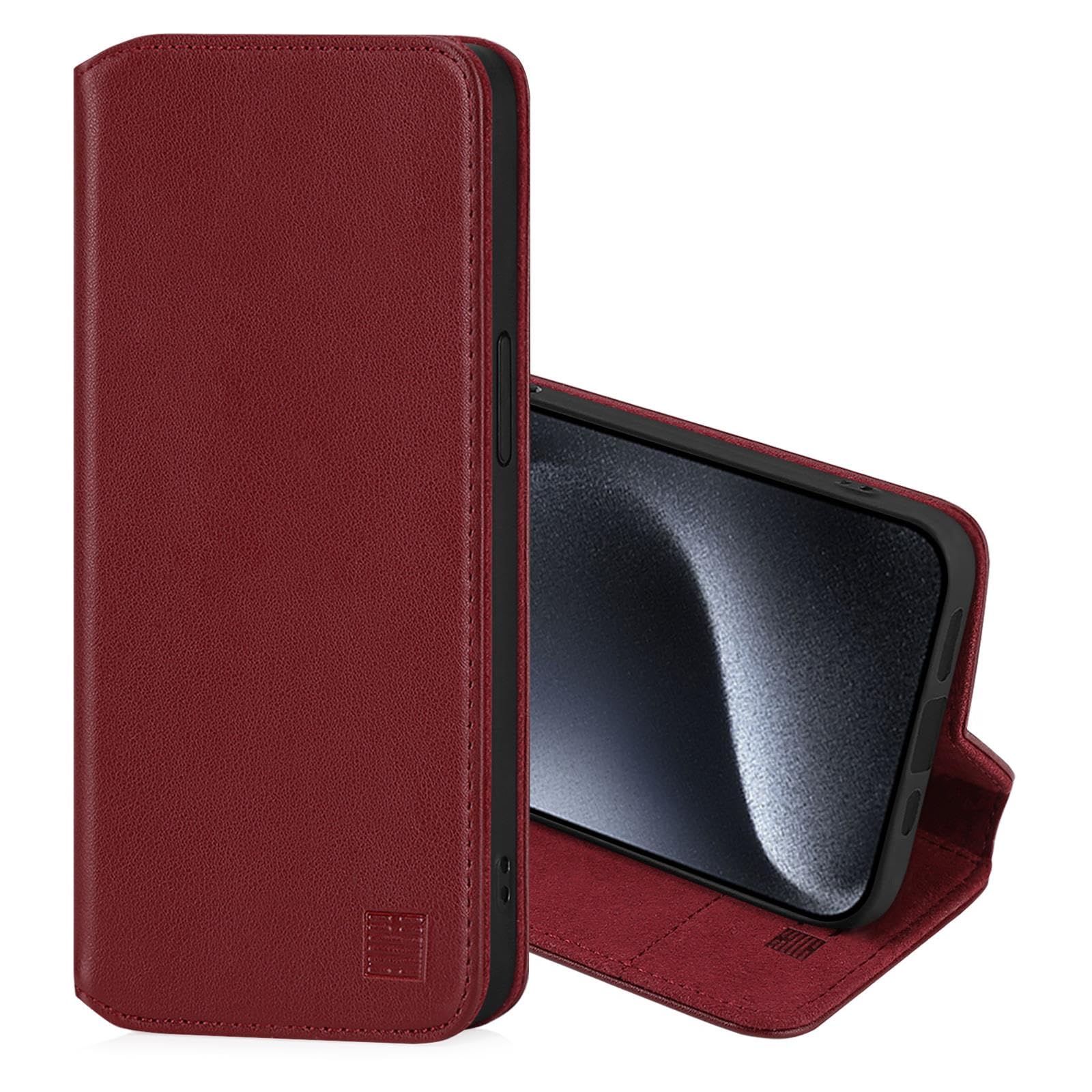 32nd Classic Series 2.0 - Real Leather Book Wallet Flip Case Cover For Apple iPhone 15 Pro Max (6.7"), With RFID Blocking Card Slot, Magnetic Closure and Built In Stand - Burgundy