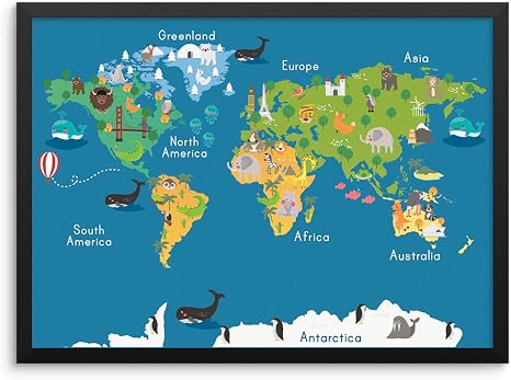 Amazon Co Jp 子供用 教育世界地図 壁装飾 ポスター アートプリント 子供用 カラフル 地質地図 大陸と動物 11インチx14インチ フレームなし 男の子 女の子 ベッドルーム ベビー 保育園 遊び部屋 壁装飾 Home Kitchen