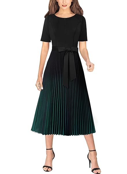 VFSHOW WOMENS PLEATED FRONT ZIPPER BELTED BUSINESS OFFICE CASUAL PARTY A-LINE BLACK OMBRE GREEN MIDI DRESS 10346 GRN XL