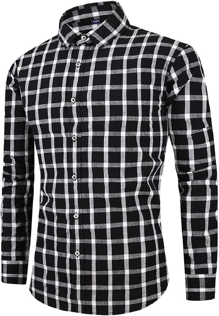 Mens Casual Button Up Check Long Sleeve Shirt Spread Collar Tops Shirt Blouse