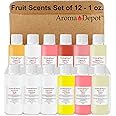 Aroma Depot Set of 12-1oz Fragrance/Perfume/Body Oil Apple Cinnamon Cucumber Coco Mango Cherry Lemon Orange Peach Strawberry Kiwi Tropical Fruit Raspberry UNCUT