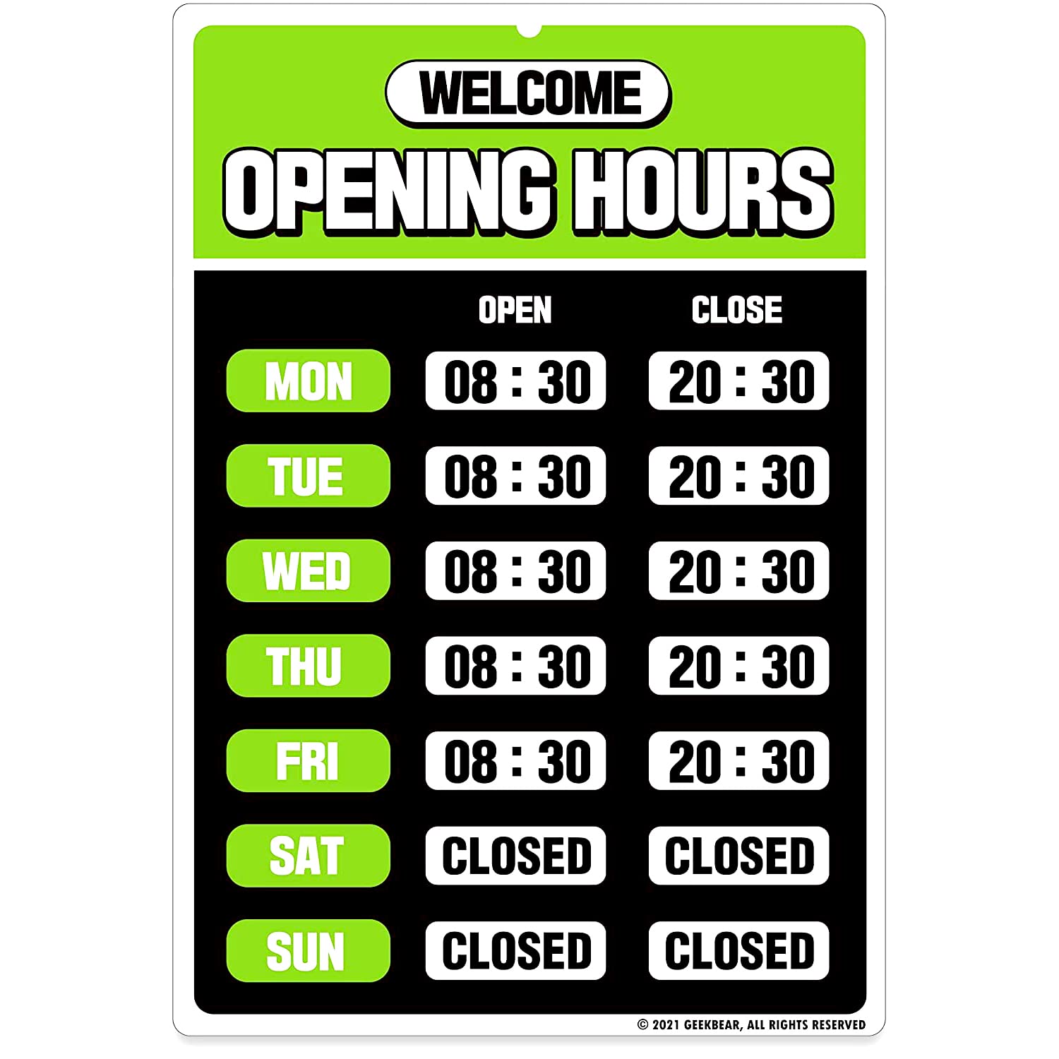 GEEKBEAR Business Hours Sign Kit for Store Glass Door - PET, 7.9 x 11.9 in (04. Green)