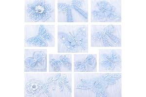 FixrWre 12 Pieces 3D Flower Lace Embroidery Butterflies Appliques Pearl Patches for Repairing and Decorating, Sewing Craft Clothing Jeans Jackets Bags (Light Blue)