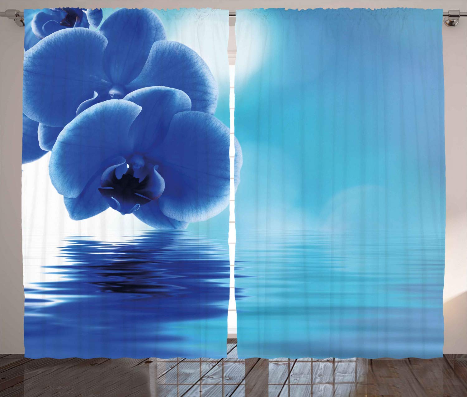 ABAKUHAUS Flower Curtains, Orchid Floral Design with Reflection to a River Water Image Photo, Living Room Bedroom Window Drapes 2 Panel Set, 102 L X 110 W, Violet Blue Aqua and White