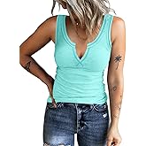 HERILIOS Women's Tank Tops Ribbed V Neck Sleeveless T Shirts Summer Slim Fitted Basic Tee Tops Crew Neck Cami Shirt