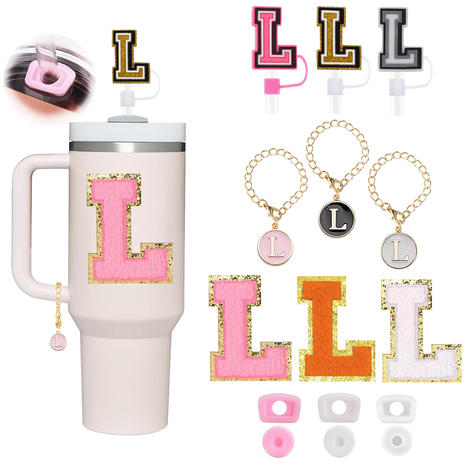 Photo 1 of 15pcs Cup Accessories Set for Stanley 30 oz 40 oz, Initial Name ID Straw Cover Cap, Letter Handle Charm, Spill Stopper, Leak Stopper, Letter Sticker, Modern Personalized Decoration for Stanley Cup