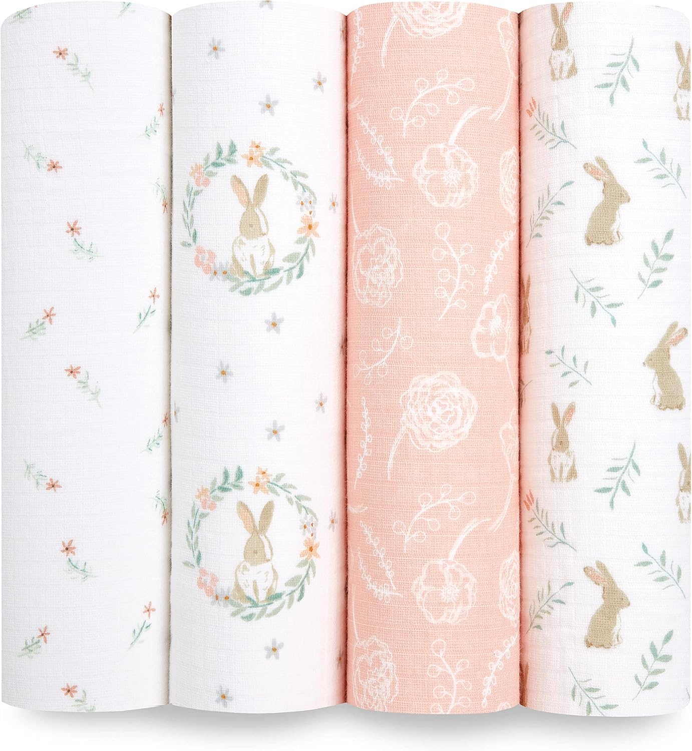 aden + anais blushing bunnies Swaddle Blanket - Pack of 4| Large 100% Muslin Cotton Snug Wrap Set for Baby Girls | bunny, pink, flowers print designs Newborn & Infant Sleep Essentials, 112 x 112 cm — image 1