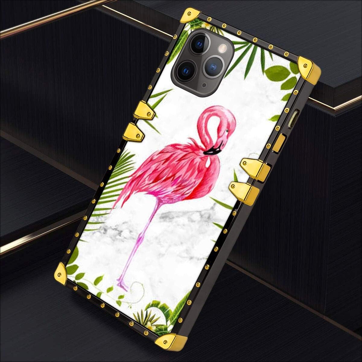 hfijgsj Square Case for iPhone 11 Pro Max 6.5 Inch 2019, Red Pink Flamingo Bird Fashion Slim Soft Shockproof Design Metal Decorative Full Protective Phone Case