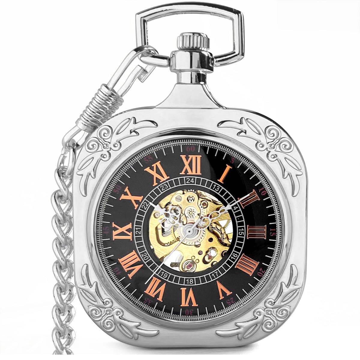 VIGOROSO Mens Classic Steampunk Pocket Watch with Chain Skeleton Hand Wind Mechanical Pocket Watches for Men & Women