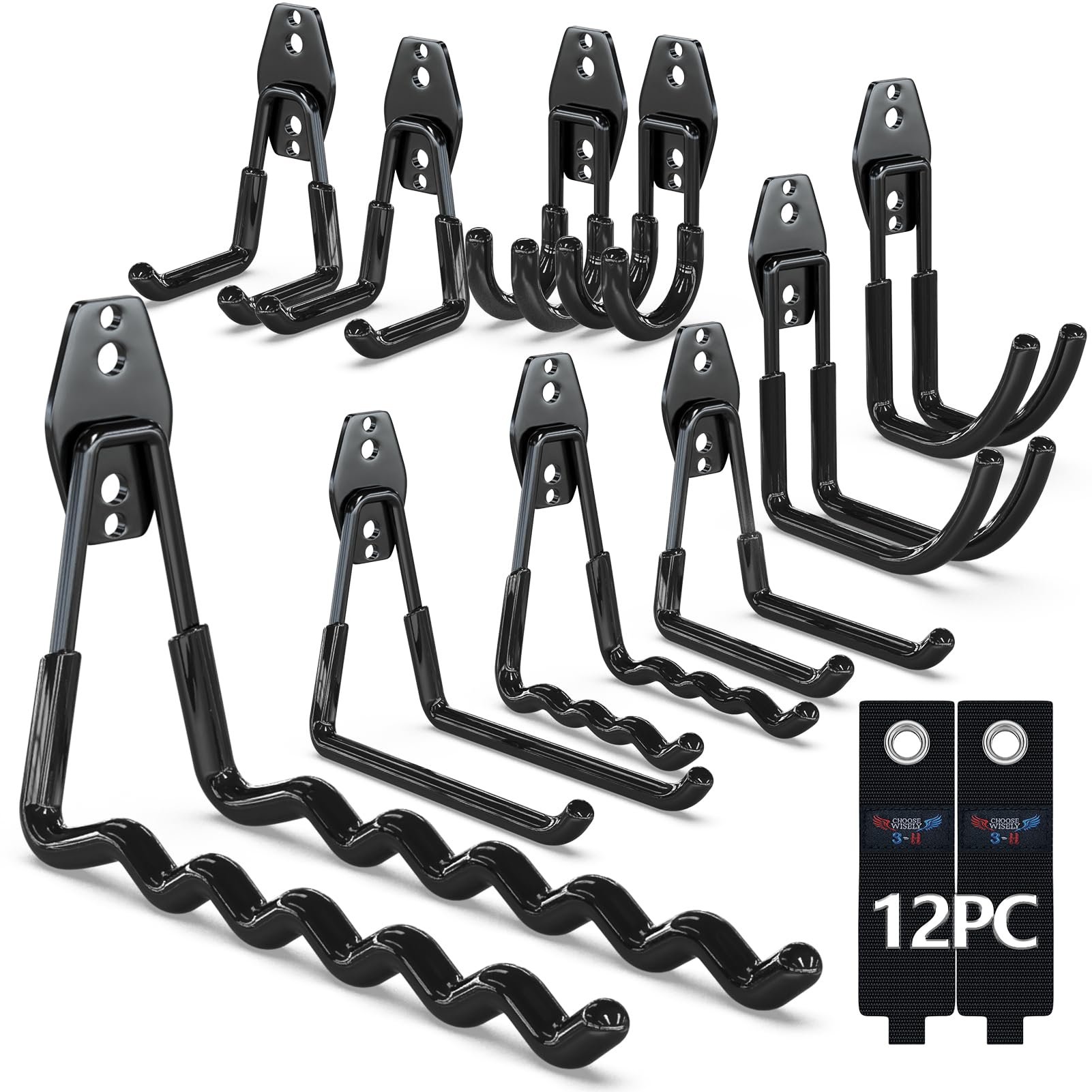 3-H Heavy Duty Garage Hooks 12 Pack, Utility All-Steel Storage Hooks with Anti-Slip Coating, Wall Mount Hooks for Hanging Ladders, Lawn Mower, Hose, Garden Tools (Black)