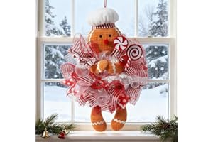 22 Inch Christmas Gingerbread Wreath for Front Door, Cute Gingerbread Doll Door Hangers with Lollipop Hanging Decoration for 
