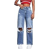SweatyRocks Women's High Waist Ripped Distressed Cropped Jeans Straight Leg Denim Pants