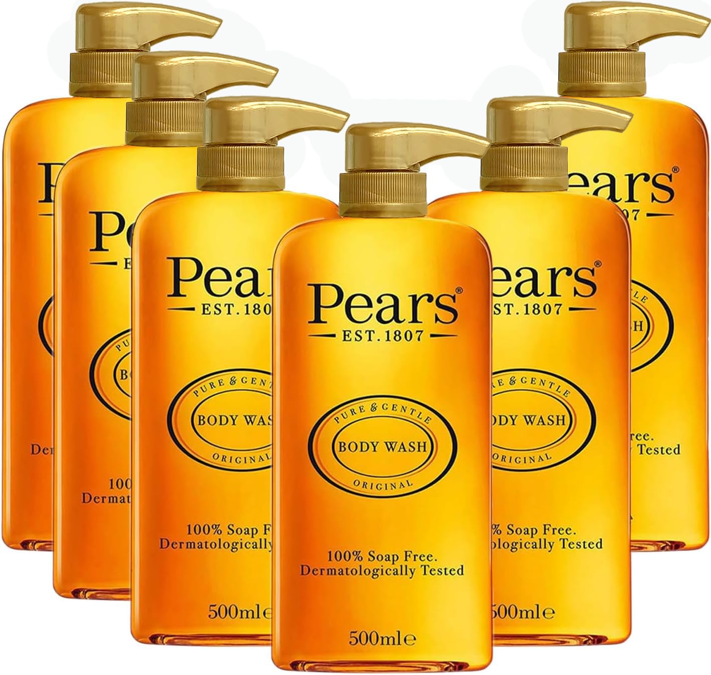 Pears Pure & Gentle Body Wash - Soothing Natural Extracts Shower Gel, 10x More Moisturiser*, Soap-Free Hand & Body Cleanser, Shower Gift for Women & Men, Natural Oils Scent, Pack of 6 x 500ml